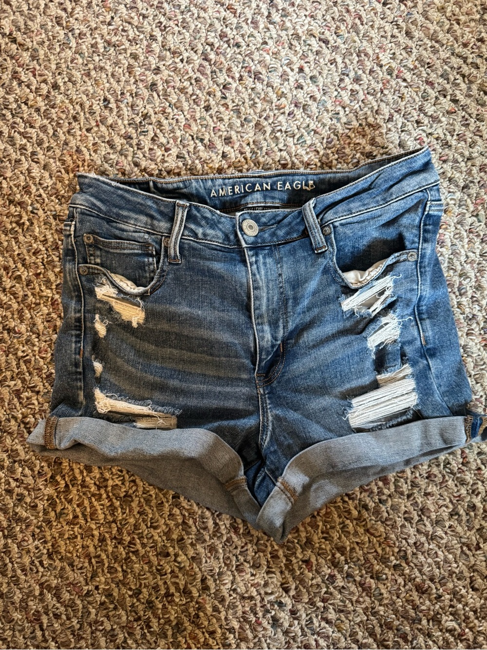 American Eagle Outfitters Distressed Rolled-Hem Denim Shorts - Blue